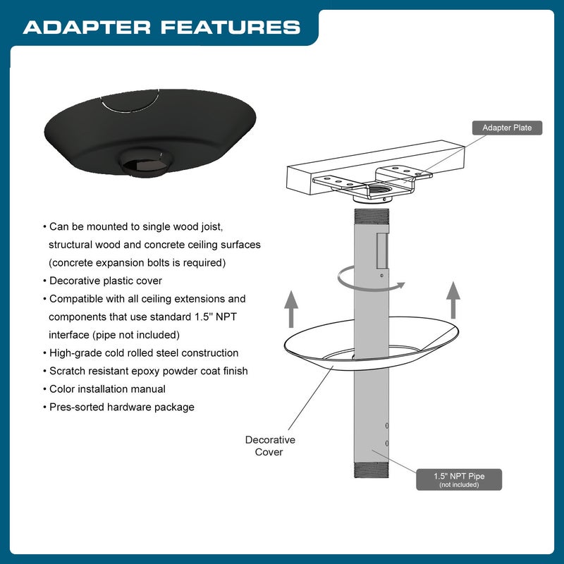 QualGear Pro-AV QG-KIT-CA-3IN-B Single Joist Ceiling Adapter, 3" 1.5" Projector Mount Kit Accessory, Black - Image 4